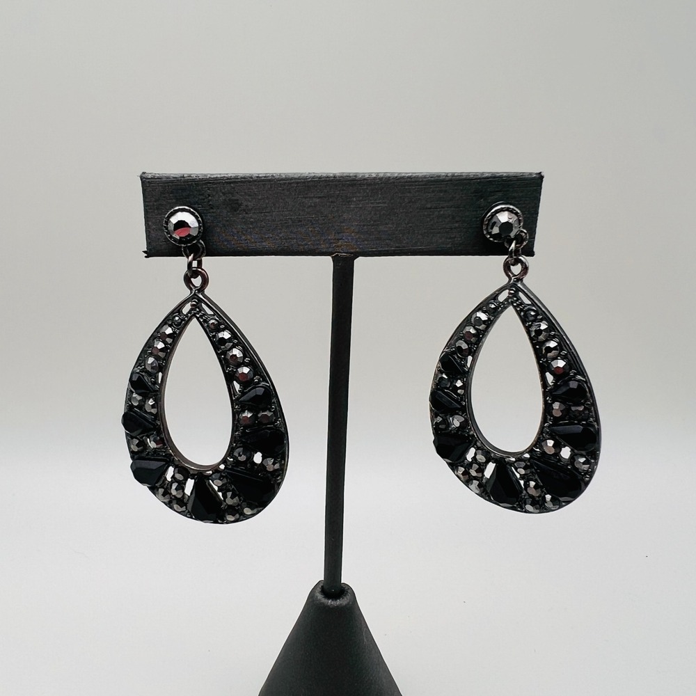 Black Teardrop Dangle Earrings Gunmetal Tone Rhinestone Crystal Statement